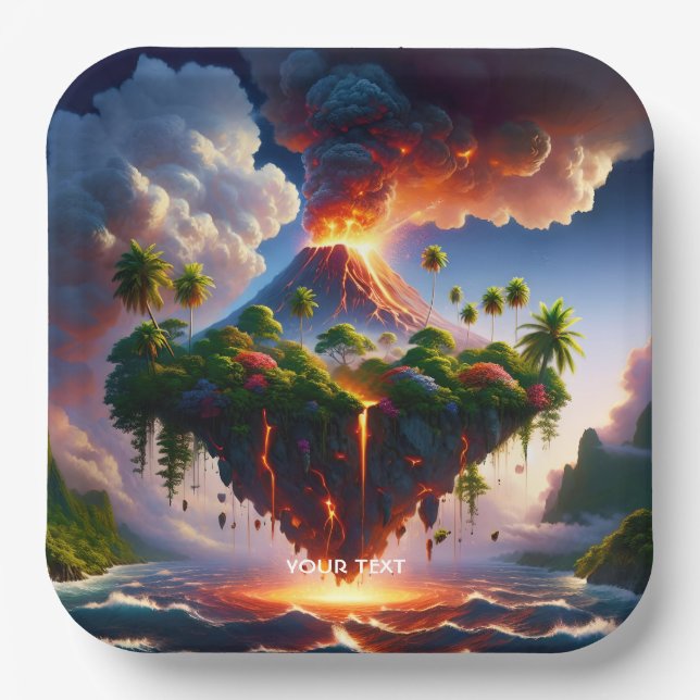 Plato De Papel Fantasía Isla Cuta Con Volcán (Anverso)
