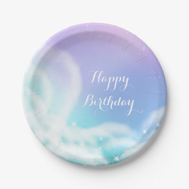 Plato De Papel Fantasioso Cumpleaños de Bebé Nubes Purpura Rosa c (Anverso)