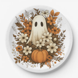 Plato De Papel Fantasma Adorable Con Calabaza Y Flores De Otoño –