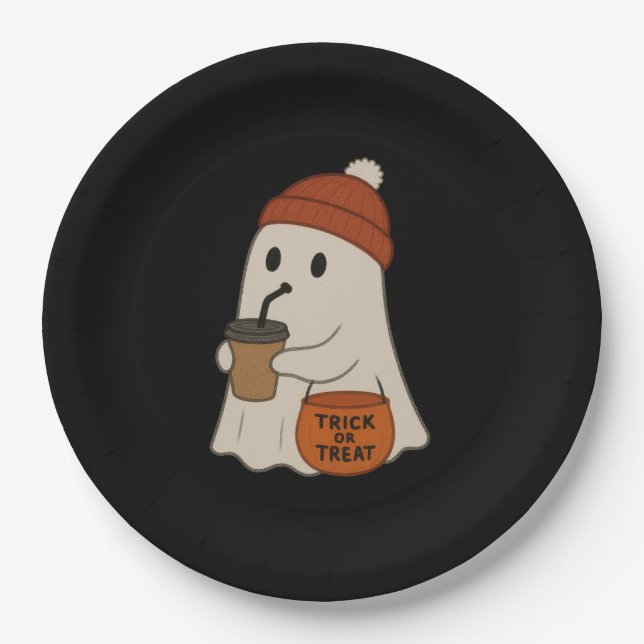 Plato De Papel Fantasma adorable con gorro rojo de Halloween  (Anverso)
