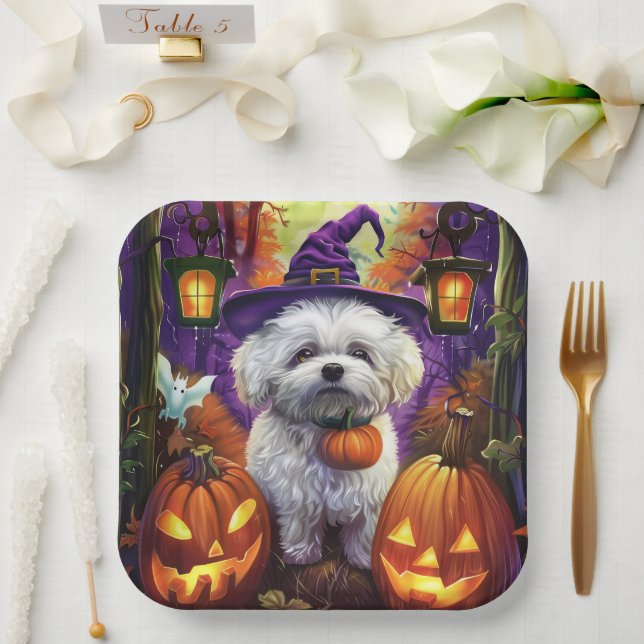 Plato De Papel Fantasma Bichon Frise Halloween Bruja Y Calabaza (Boda)