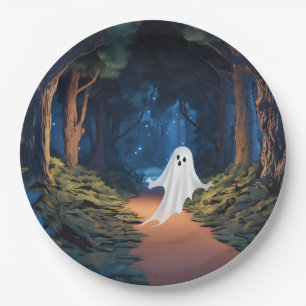 Plato De Papel Fantasma Blanca De Halloween En El Bosque