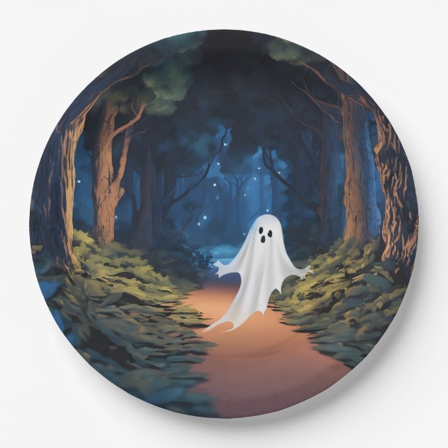 Plato De Papel Fantasma Blanca De Halloween En El Bosque (Anverso)
