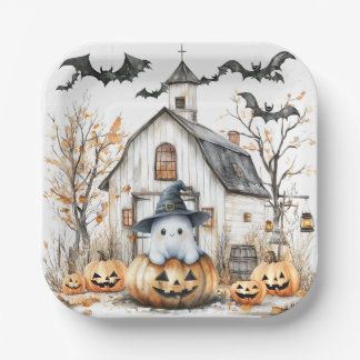 Plato De Papel Fantasma blanca y Naranja con grano de otoño