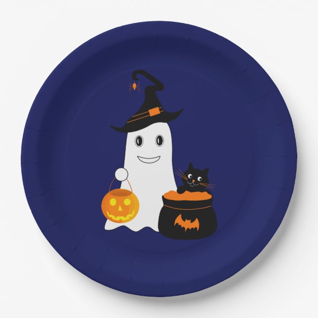 Plato De Papel Fantasma chiquita con gato negro celebra Halloween (Anverso)