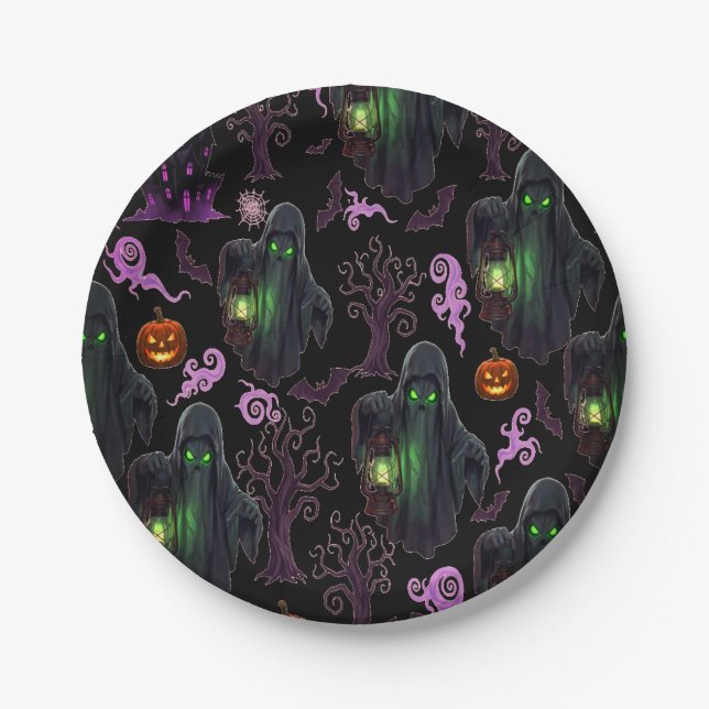 Plato De Papel Fantasma con linternas y ojos verdes (Anverso)