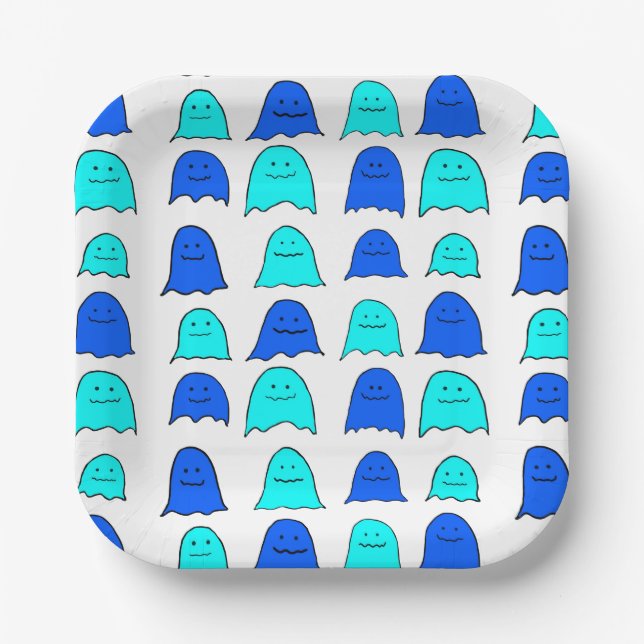 Plato De Papel Fantasma de Halloween azul (Anverso)