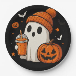 Plato De Papel Fantasma de Halloween con calabaza y bebida