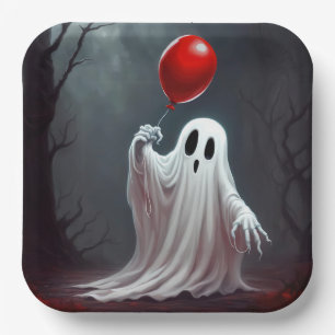 Plato De Papel Fantasma De Halloween Con Globo Rojo
