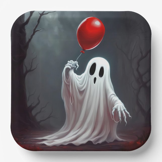Plato De Papel Fantasma De Halloween Con Globo Rojo (Anverso)