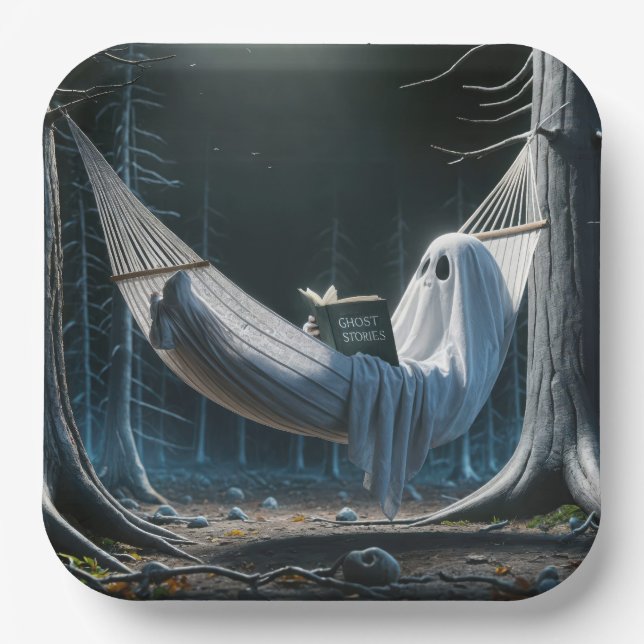 Plato De Papel Fantasma de Halloween en una hamaca (Anverso)