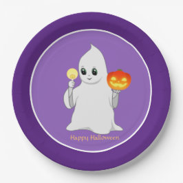 Plato De Papel Fantasma de Halloween y calabaza en morado