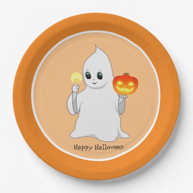 Plato De Papel Fantasma de Halloween y calabaza en Naranja (Anverso)