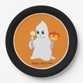Plato De Papel Fantasma de Halloween y calabaza en Naranja y negr