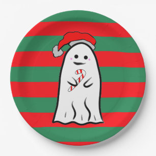 Plato De Papel Fantasma de Navidad en rayas rojas y verdes