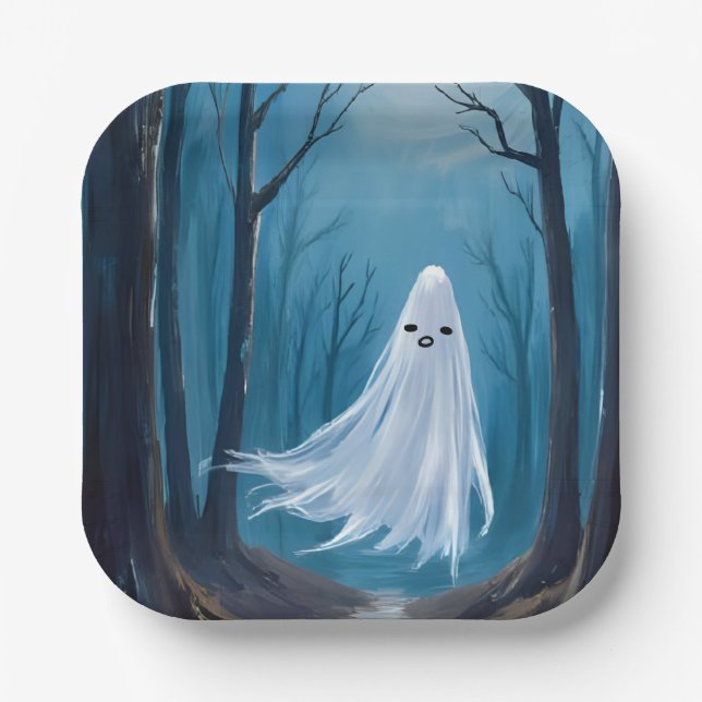 Plato De Papel Fantasma Espeluznante | Fiesta Feliz de Halloween (Anverso)