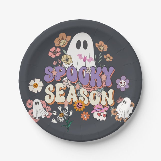 Plato De Papel Fantasma espeluznante y flores Papel de Halloween  (Anverso)