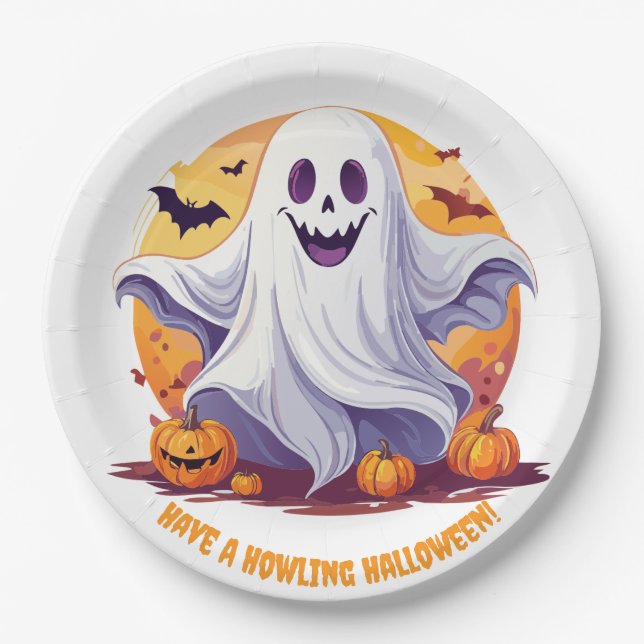 Plato De Papel Fantasma feliz de Halloween (Anverso)