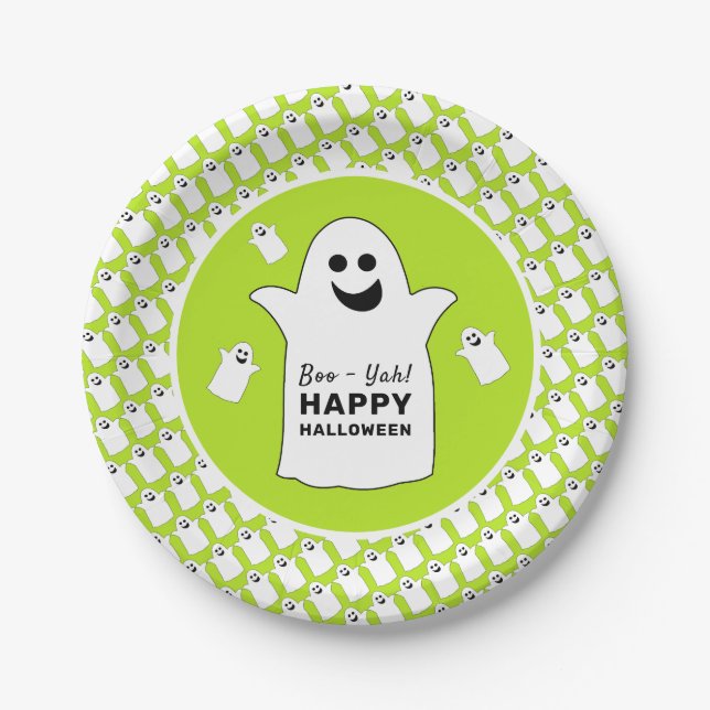 Plato De Papel Fantasma feliz, fiesta de Halloween verde (Anverso)