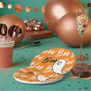 Plato De Papel Fantasma Halloween naranja blanco negro