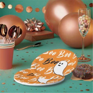 Plato De Papel Fantasma Halloween negro blanco naranja boo