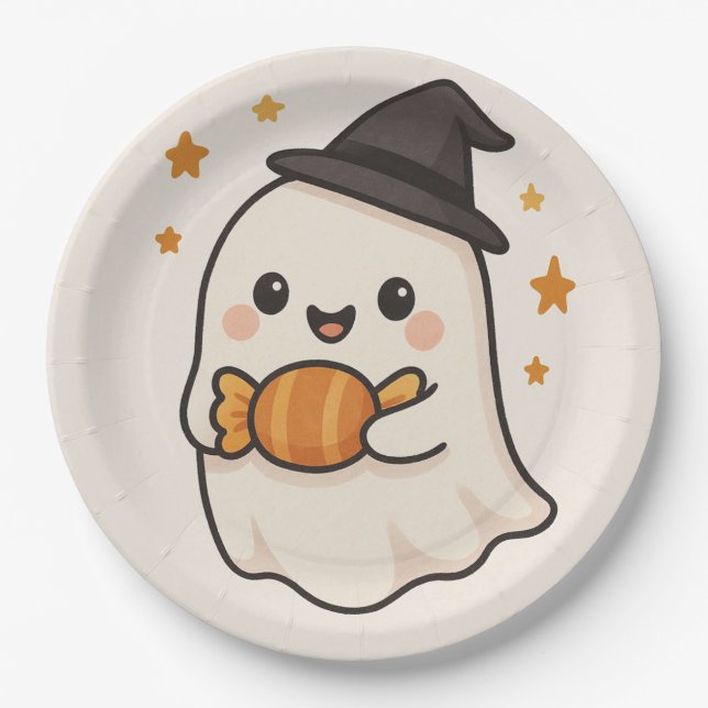 Plato De Papel Fantasma Kawaii con dulce de Halloween (Anverso)
