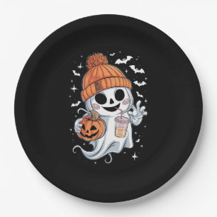 Plato De Papel Fantasma Lindo Bebiendo Café Halloween Café Helado