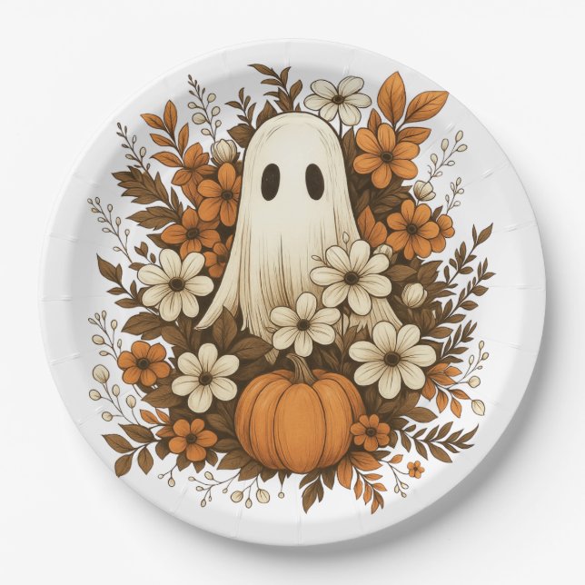 Plato De Papel Fantasma lindo con calabaza y flores de otoño - Ha (Anverso)