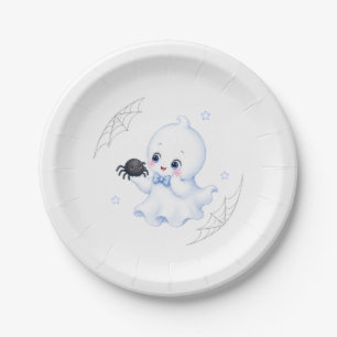 Plato De Papel Fantasma Little Boo Baby Shower de Halloween Azu