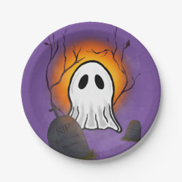 Plato De Papel Fantasma lunar Naranja de cielo morado en cementer