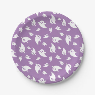 Plato De Papel Fantasma Patrón Morado y Blanco Halloween Lindo