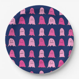 Plato De Papel Fantasma rosa de Halloween en azul oscuro