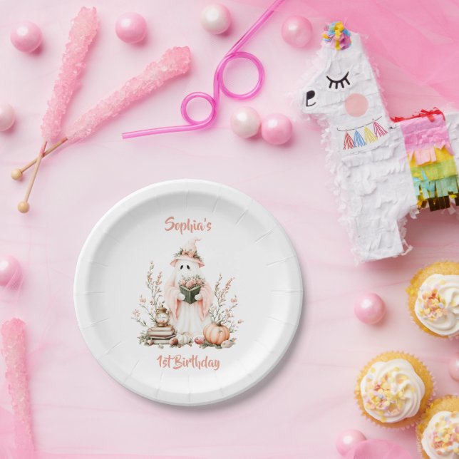 Plato De Papel Fantasma rosa suave con Rosas y calabaza Halloween (Fiesta)