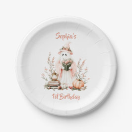 Plato De Papel Fantasma rosa suave con Rosas y calabaza Halloween