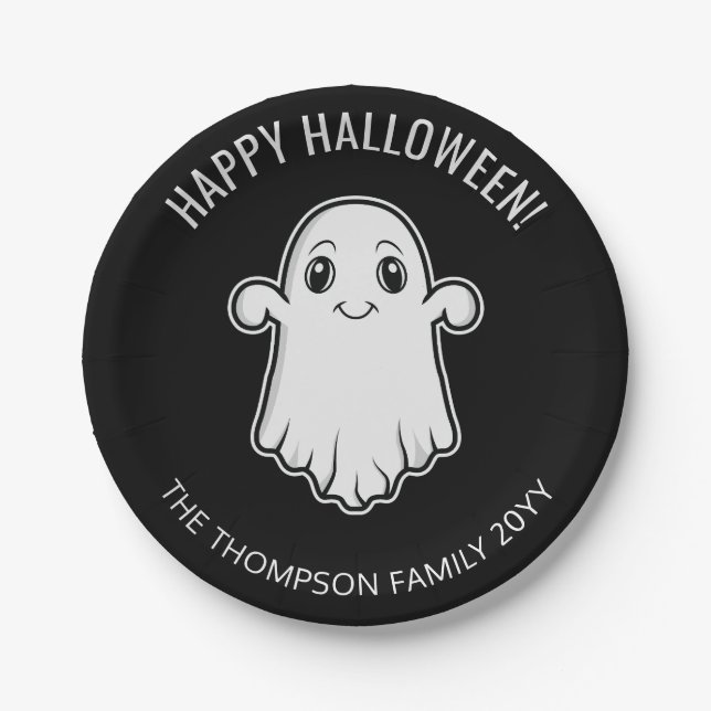 Plato De Papel Fantasma sonriente lindo Halloween Negro Y Blanco (Anverso)