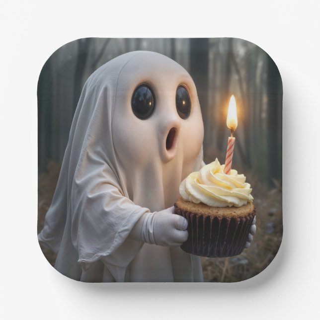 Plato De Papel Fantasma sostiene un pastel de cumpleaños (Anverso)