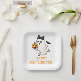 Plato De Papel Fantasma suave con barba y calabaza | Halloween