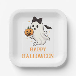 Plato De Papel Fantasma suave con barba y calabaza | Halloween