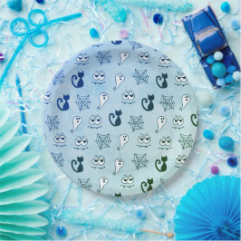 Plato De Papel Fantasma, telarañas y gatos negros azul