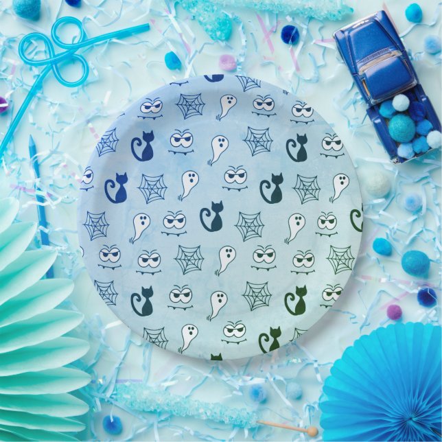 Plato De Papel Fantasma, telarañas y gatos negros azul (Fiesta)