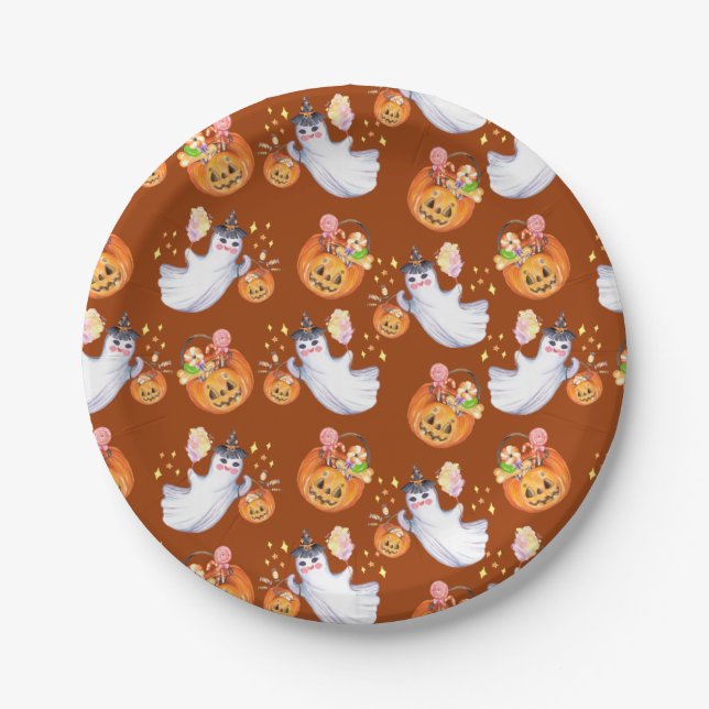 Plato De Papel Fantasma y dulces de Halloween sin fisuras (Anverso)
