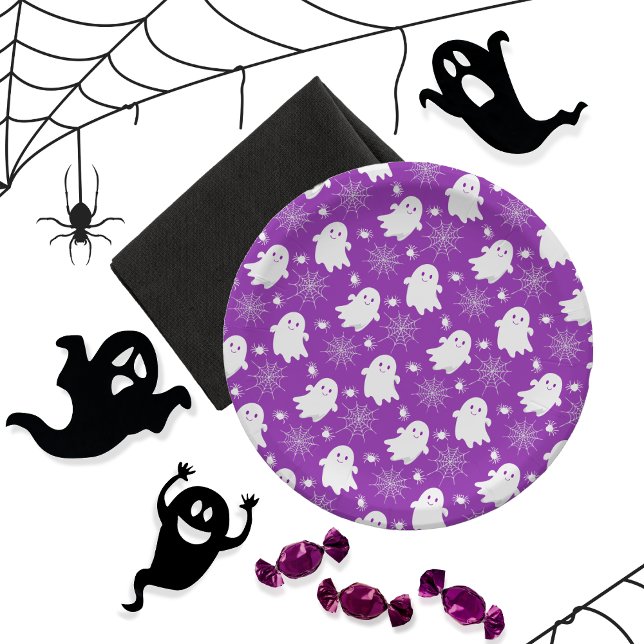 Plato De Papel Fantasmas de corte | Arañas | Halloween de Spider  (Cute Ghosts, Spiders and Spider Webs Halloween Purple and White Patterned Paper Plates)