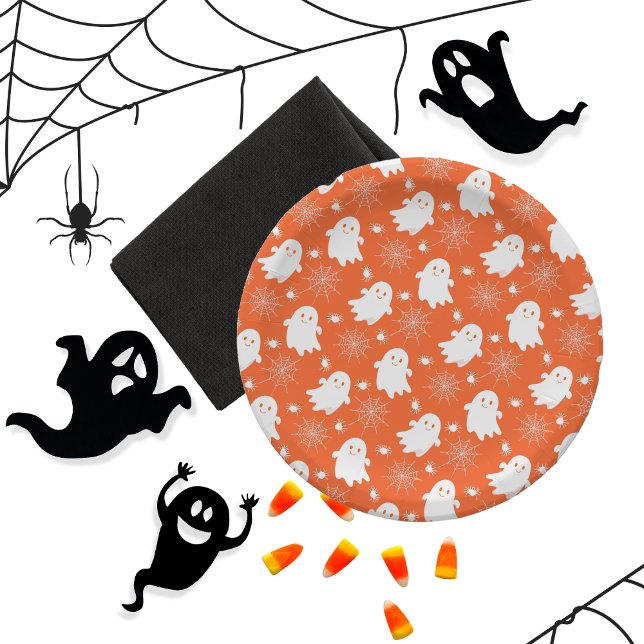 Plato De Papel Fantasmas de corte | Arañas | Halloween de Spider  (Cute Ghosts, Spiders and Spider Webs Halloween Orange and White Patterned Paper Plates)