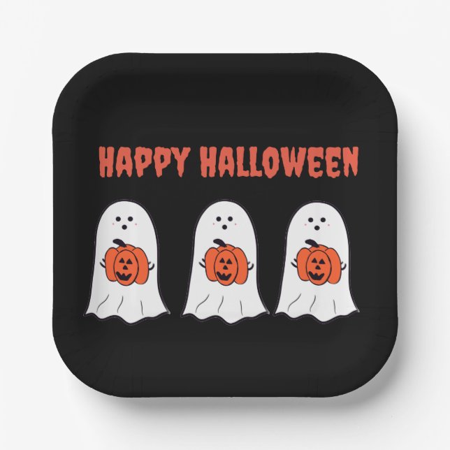 Plato De Papel Fantasmas de Halloween felices con Jack-o-Lanterns (Anverso)