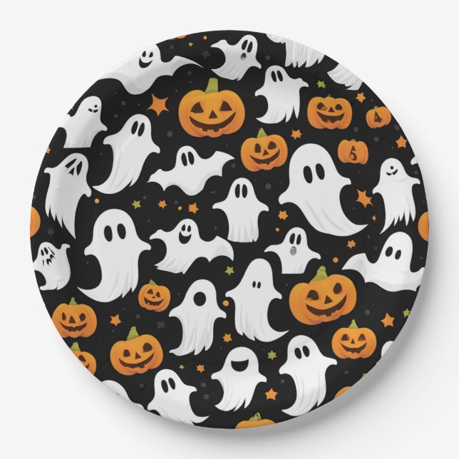 Plato De Papel Fantasmas fantasmagóricas calabazas Papel negro de (Anverso)