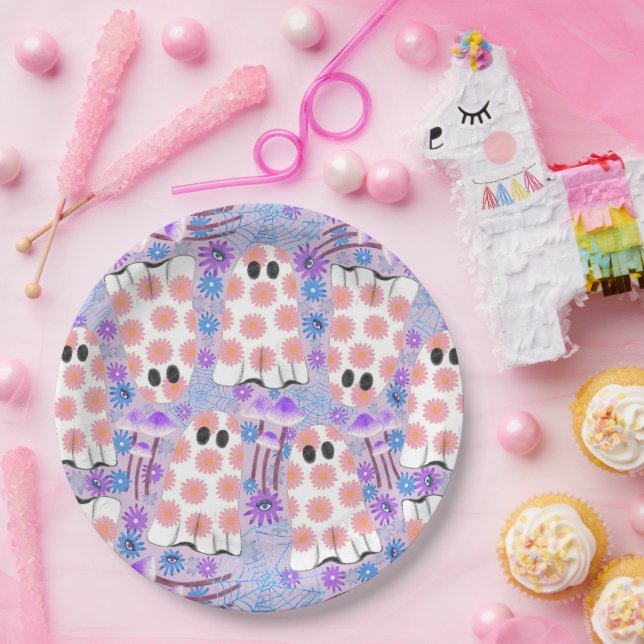 Plato De Papel Fantasmas florales de Pastel Halloween (Fiesta)