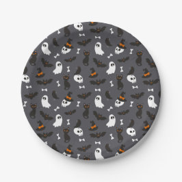 Plato De Papel Fantasmas grises Skulls Ravens Gats Halloween Patt