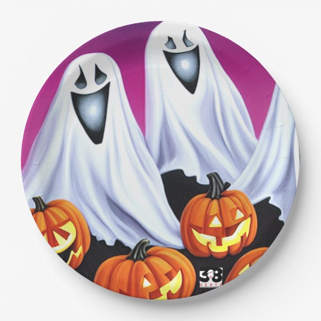 Plato De Papel Fantasmas y calabazas de Halloween (Anverso)