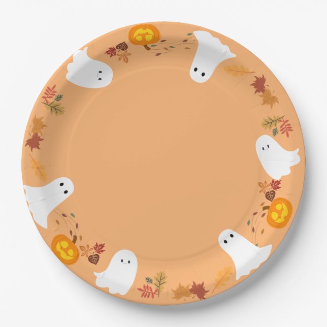 Plato De Papel fantasmas y calabazas de Halloween lindos (Anverso)