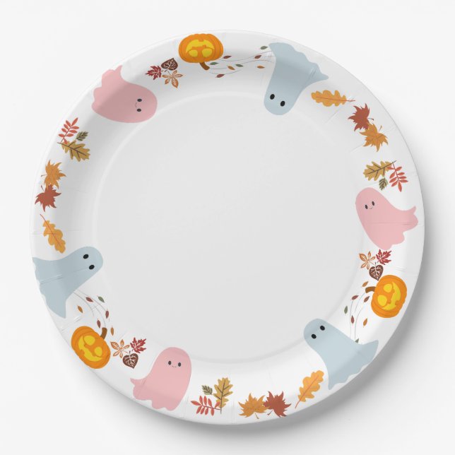 Plato De Papel fantasmas y calabazas de Halloween lindos (Anverso)